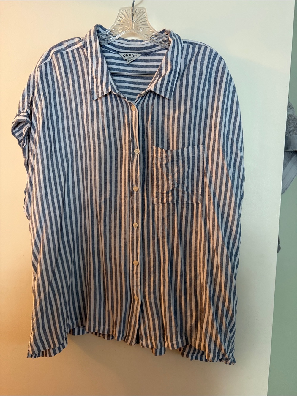 Orvis Blue and White Vertical Stripe Casual Button-Down Shirt
